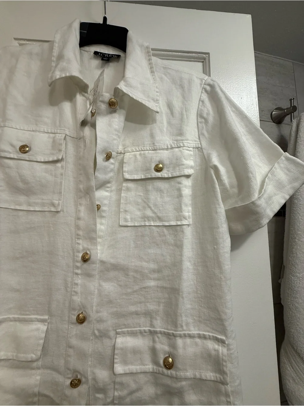 NWT J. Crew White Short-Sleeve Linen WhiteUtility Dress with Gold Buttons, Sz 10 - Picture 4 of 10